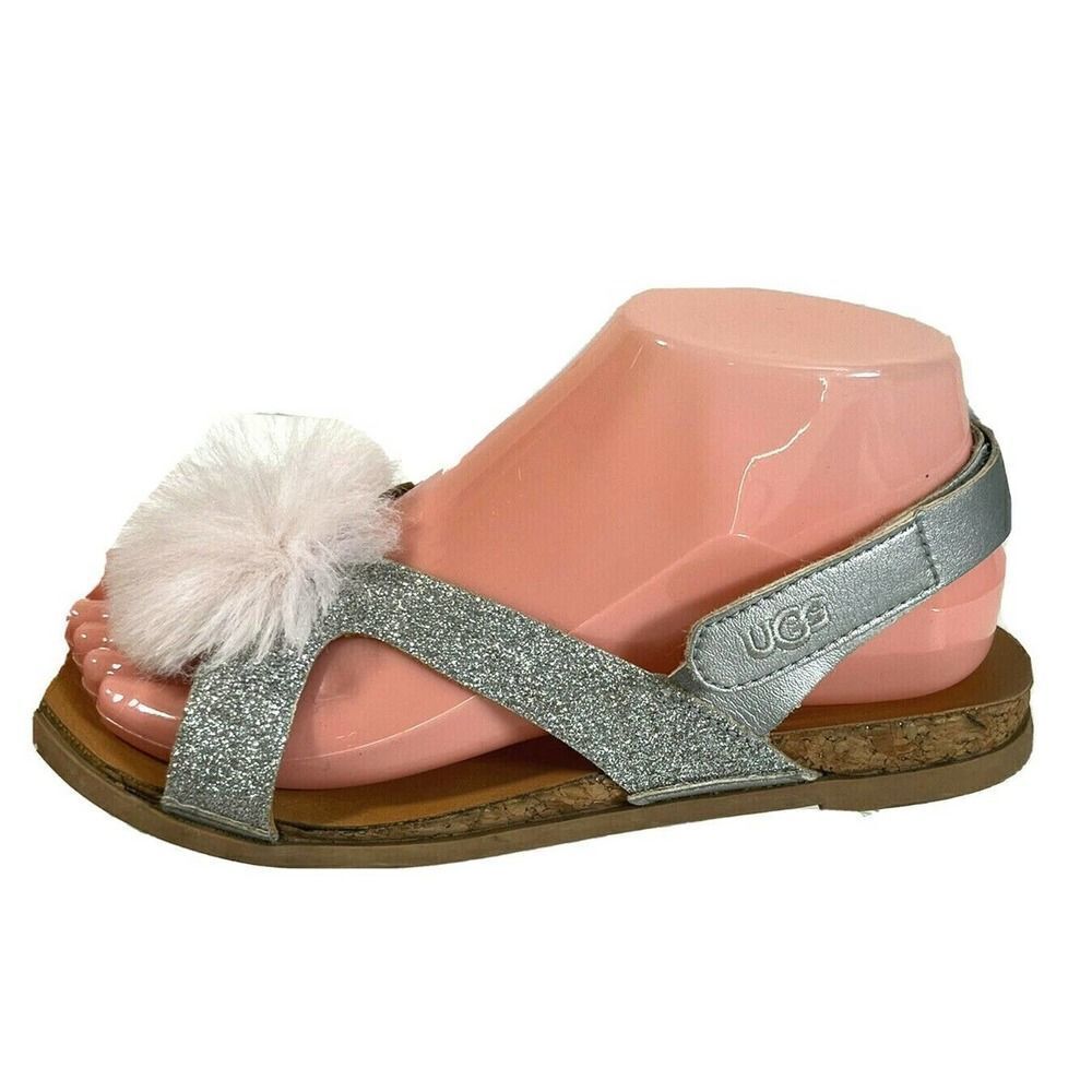 UGG Girls Pink Faux Fur Pom Pom Sandals Size 5 Fonda‎ Glitter Pink Silver
